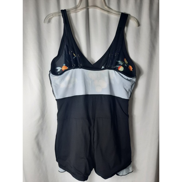 One Piece Skirted Swimsuit Black with Orange Fruit Print XXL - Picture 3 of 13